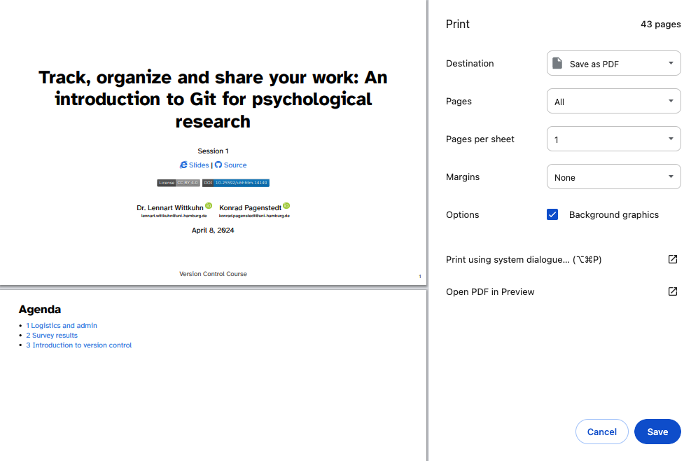 Screenshot of Chrome print dialog with the first slide/page of 43 shown on the left, and print options on the right. The Destination print option has Save as PDF selected.